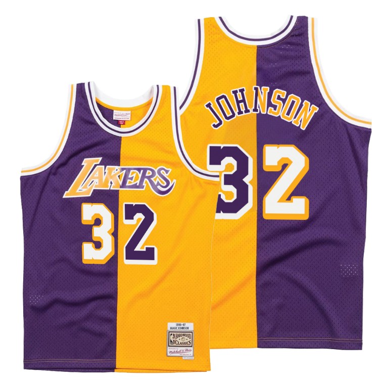 Men's Los Angeles Lakers Magic Johnson #32 NBA Vintage Split Edition Purple Gold Basketball Jersey GDQ8883GC